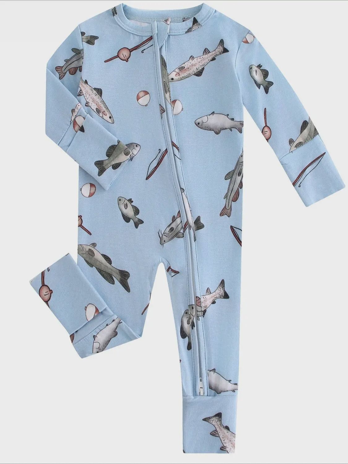 Poshtot Blue Fish Bamboo Baby Convertible Zippy Romper 3-6mo