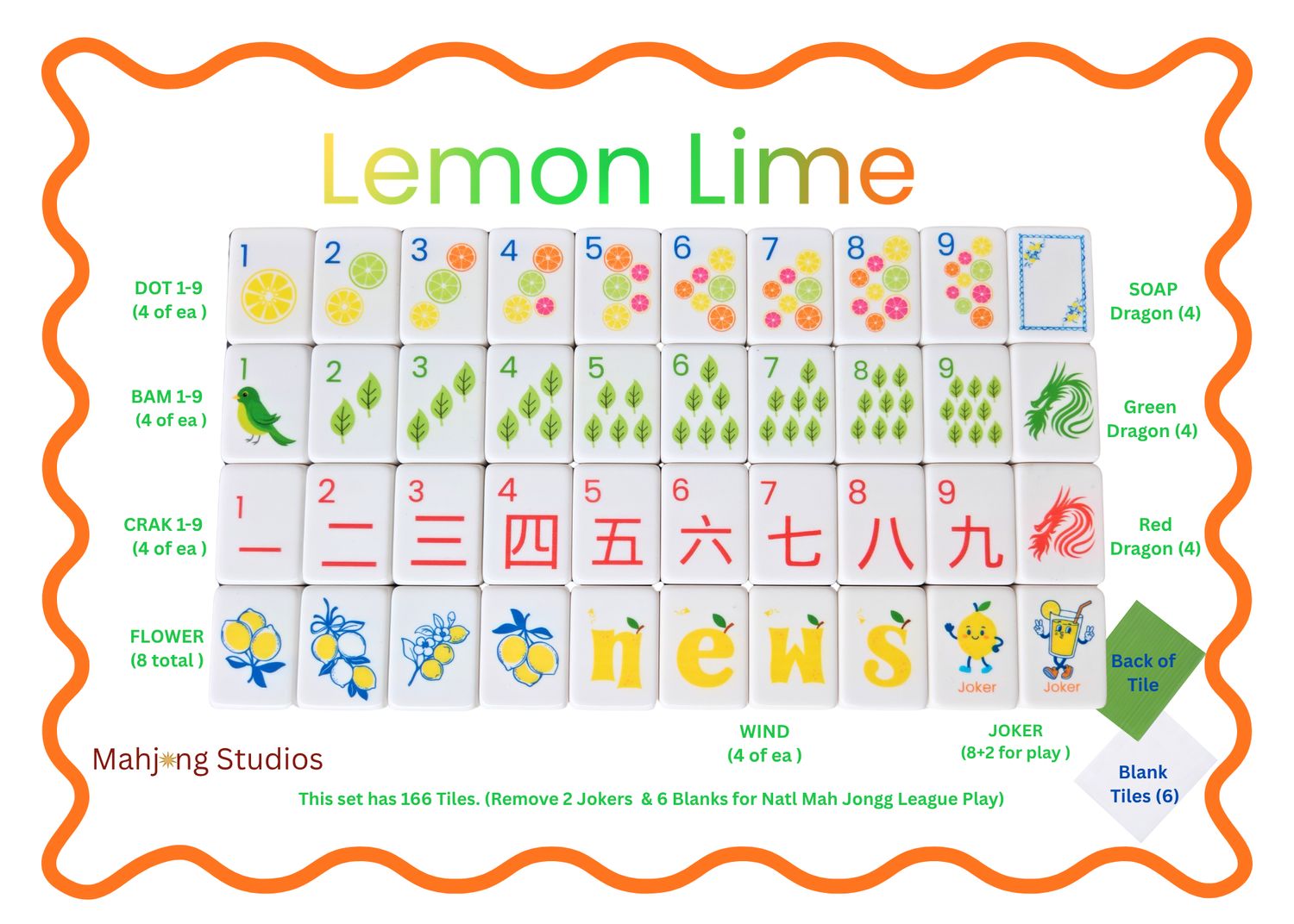 Mahjong Studios – American Mahjong Tiles - Lemon Lime Green Back: Lemon Lime Tiles