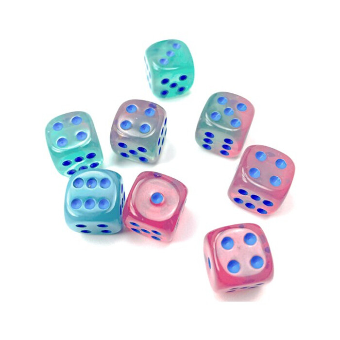 Chessex: 12mm D6 - Gemini - Gel Green-Pink w/ Blue