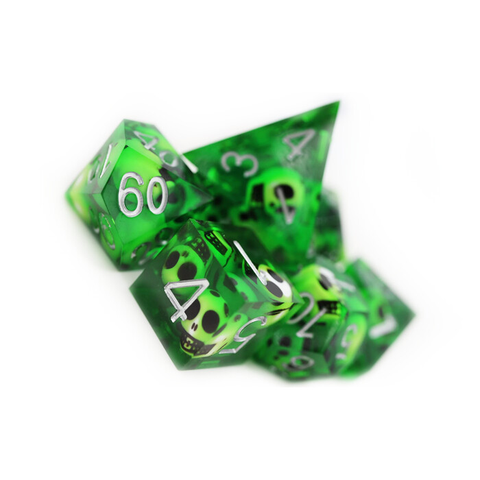 Foam Brain Games: Poly 7 Set - Sharp Edge Resin - Green Skulls