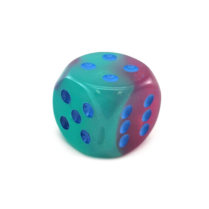 Chessex: 30mm D6 - Gemini - Gel Green-Pink w/ Blue
