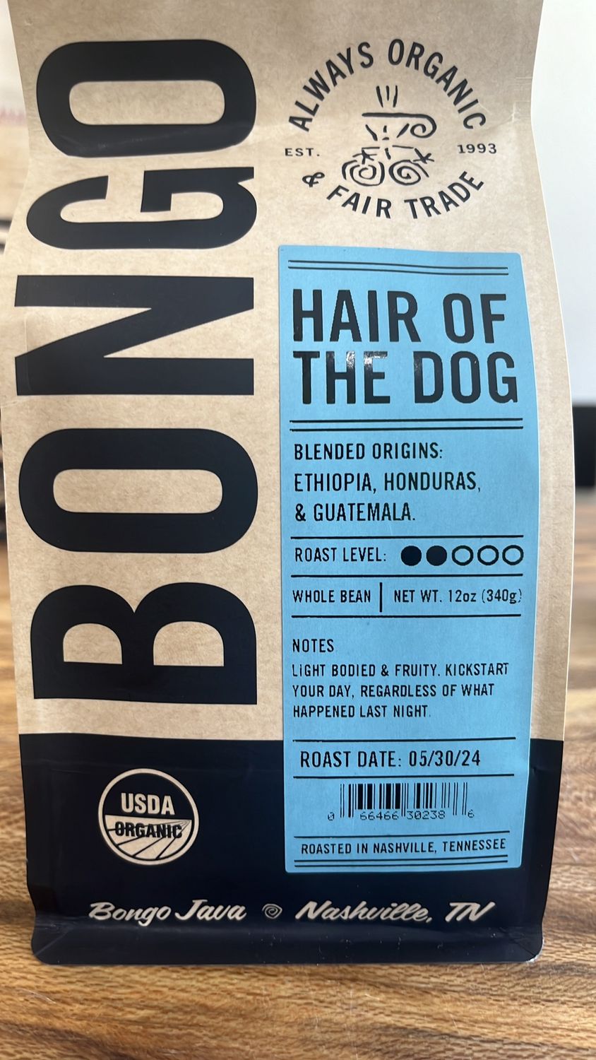 Bongo Java Whole Bean  Hair of the Dog Coffee 12oz.