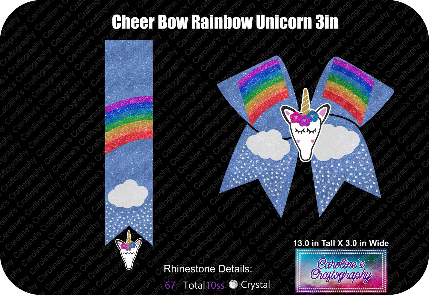 Cheer Bow Rainbow Stone Vinyl with 3D Unicorn Center 3 inch
