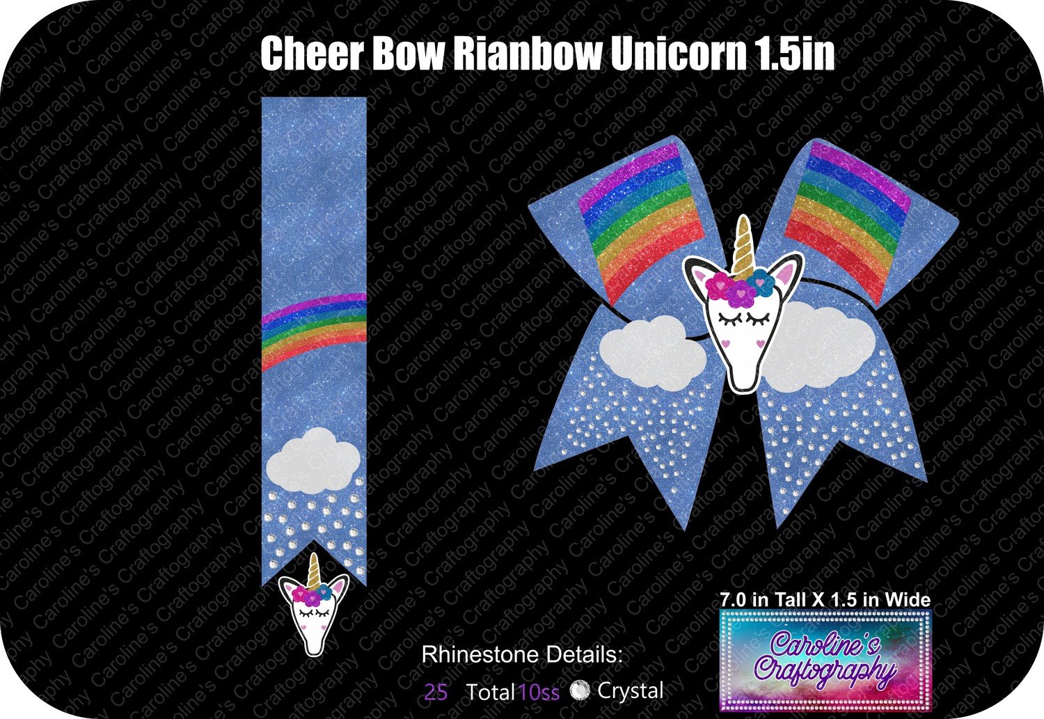 Cheer Bow Rainbow Stone Vinyl with 3D Unicorn Center 1.5 inch