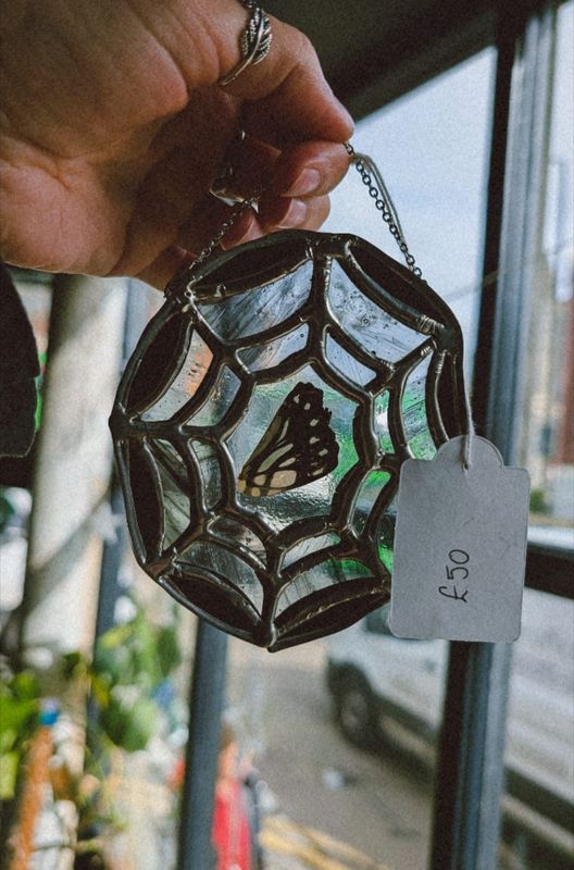 The Glass Altar - Spider Web Butterfly Stained Glass Piece
