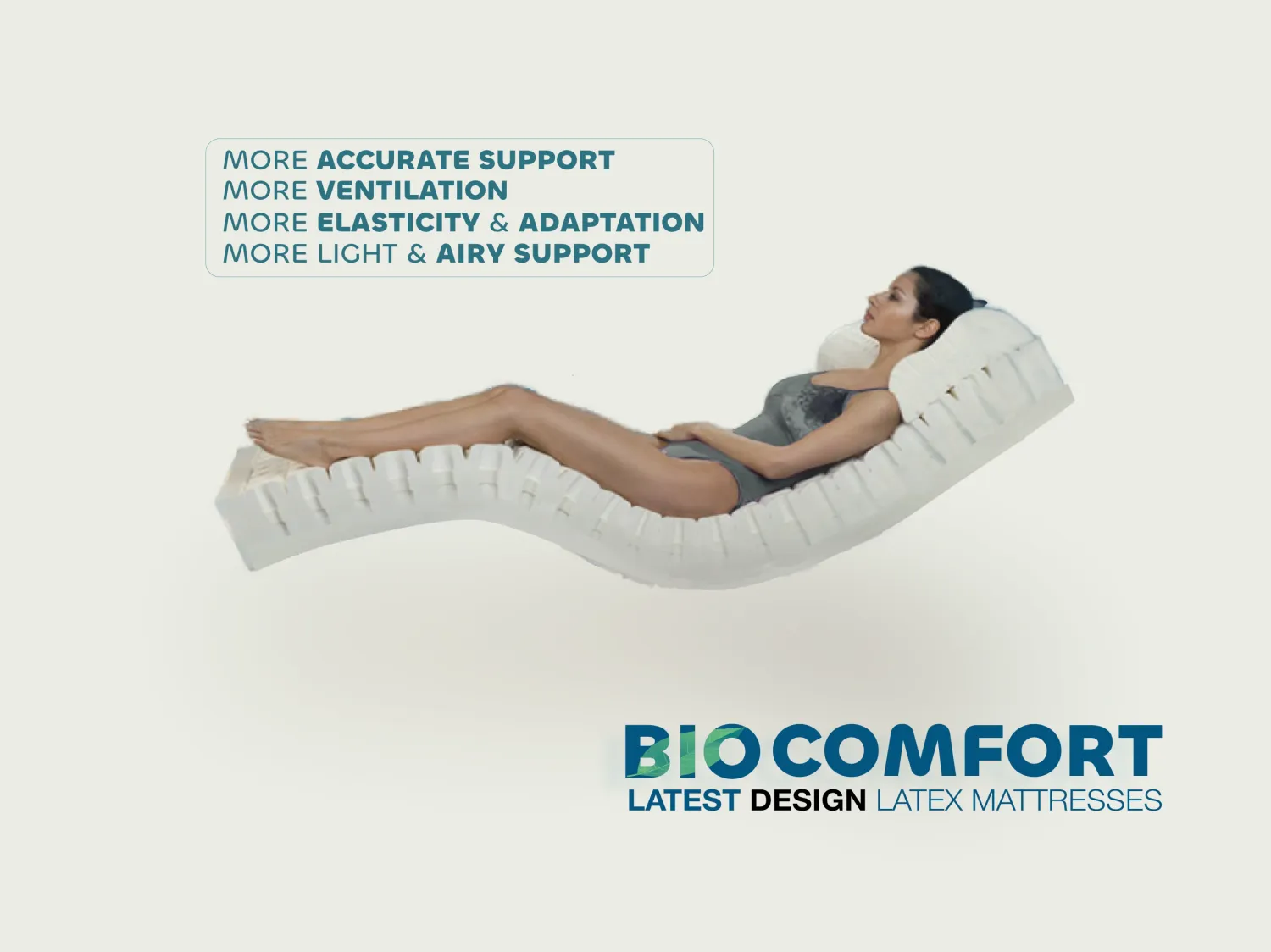 Bio Comfort natural latex mattress, 20 cm thick, with 7-zone ergonomic design for orthopaedic support, hypoallergenic and breathable, made with sustainable Dunlop technology, ideal for balanced comfort and spinal alignment.