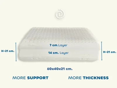 High Pillow Dual Classic – Ergonomic 100% natural latex pillow with dual-layer design for personalised comfort and support. The 14 cm base layer and 7 cm top layer can be adjusted to suit different sleeping preferences, offering either a softer or firmer feel. Perfect for those who require higher head elevation for improved breathing and spinal alignment. Featuring air channels and perforations for optimal airflow, it maintains a comfortable temperature year-round, preventing overheating in summer and retaining warmth in winter. Hypoallergenic and dust-resistant for a healthier sleep environment.