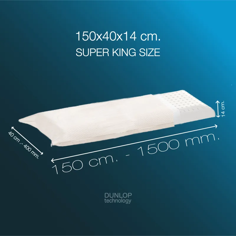Dunlop latex pillow (150x40x14 cm) provides exceptional comfort with its large size, offering ample support for neck and head alignment. Crafted from high-quality natural latex, this pillow ensures breathability, preventing overheating during the night. Its ergonomic design helps relieve pressure points, promoting better sleep posture and reducing discomfort. Ideal for those who prefer larger pillows, this durable, hypoallergenic option enhances sleep quality by providing consistent, responsive support for restful sleep.
