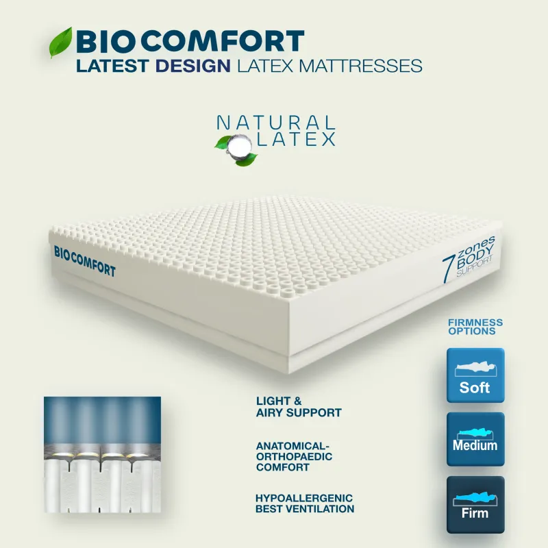 Premium natural latex mattress displayed in a bright bedroom, showing firm support, smooth surface and high-quality European 