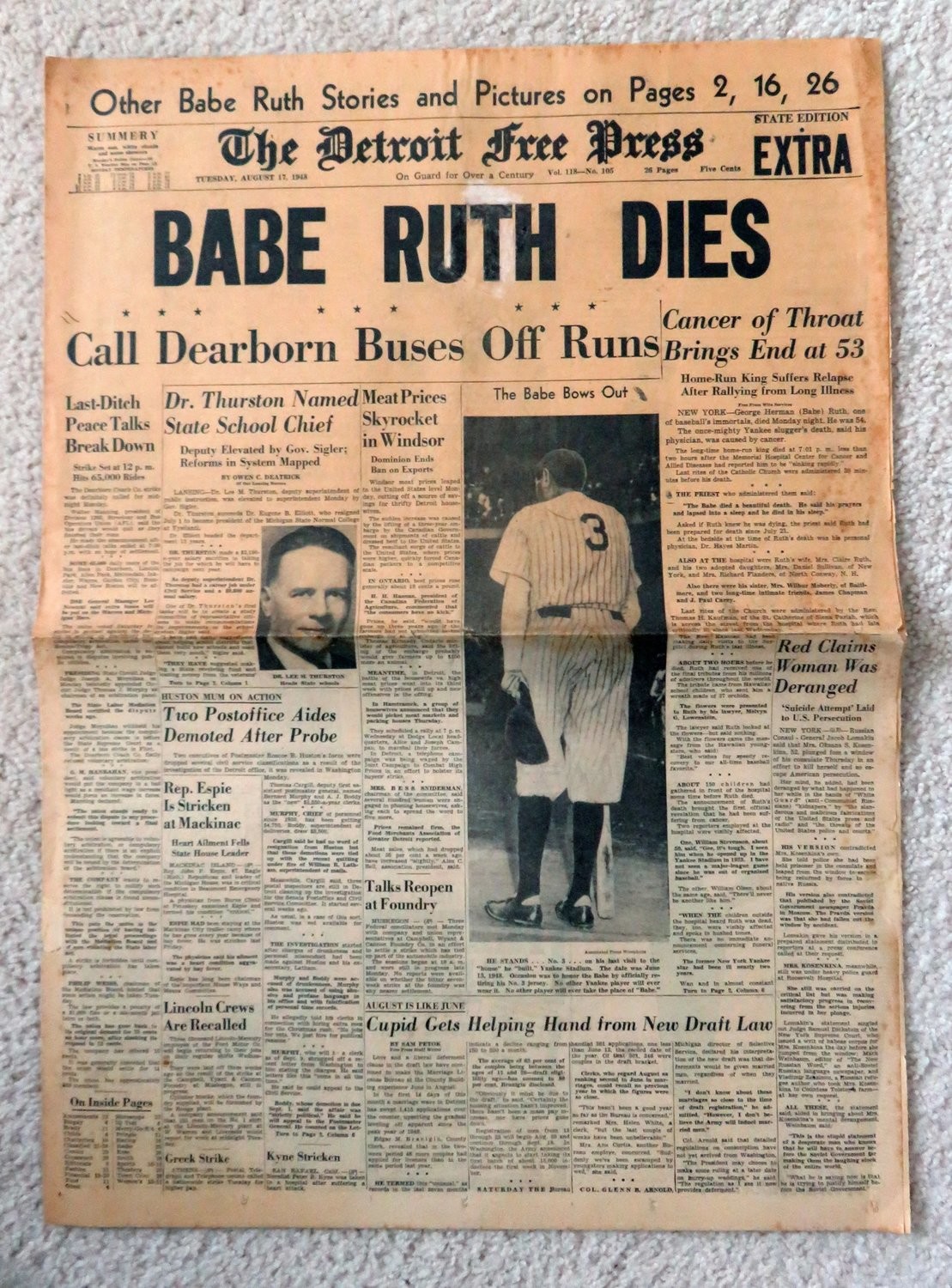 Item.I.115.Babe Ruth Dies newspaper (Aug. 17, 1948)