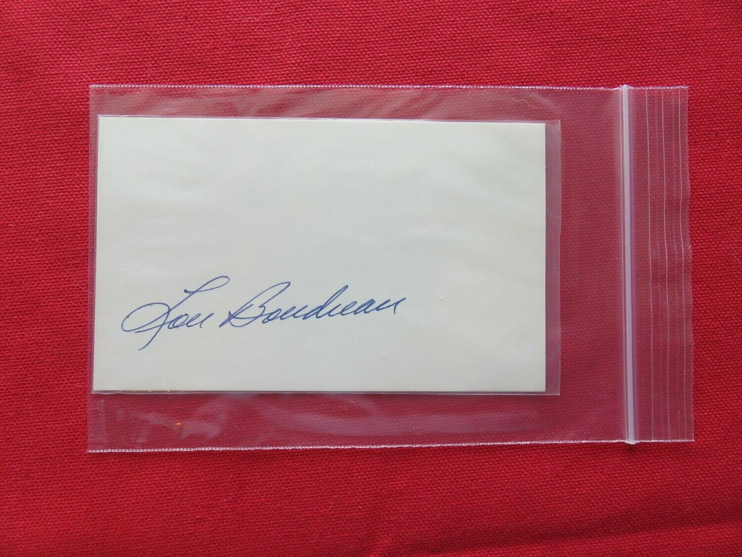 Item.A.23.Lou Boudreau autograph on 3x5 AND H.O.F. Plaque Card