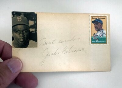 Item.H.47.Jackie Robinson autograph on 3x5 & 1947 Debut Newspaper