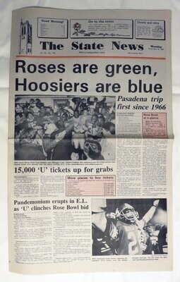 Item.S.20.Roses are green, Hoosiers are blue (Rose Bowl clinching win) - State News (Nov. 16, 1987)