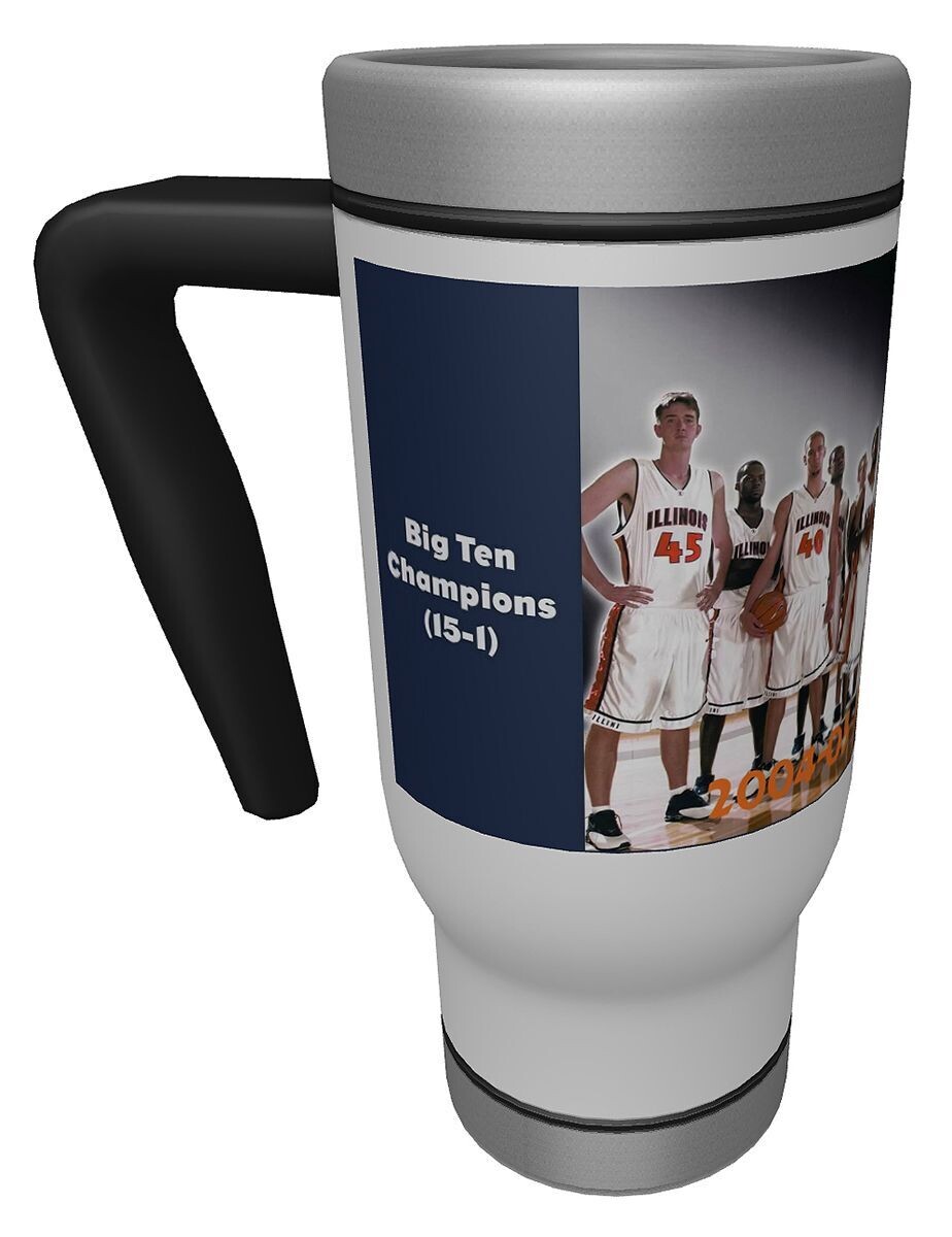 Item.X.34.17-Ounce Travel Mug with handle featuring 2004-05 Illini Basketball Team