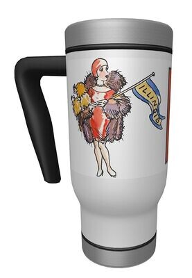 Item.X.32.​17-Ounce Travel Mug with handle featuring "1920s Illini Flapper Girl"