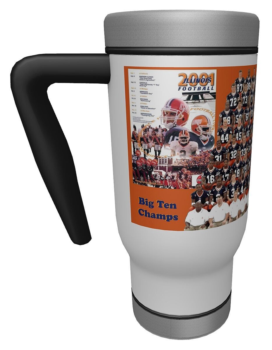 Item.X.38.17-Ounce Travel Mug with handle featuring "2001 Illini Football Team"