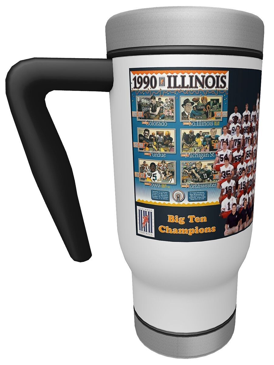 Item.X.39.17-Ounce Travel Mug with handle featuring "1990 Illini Football Team"