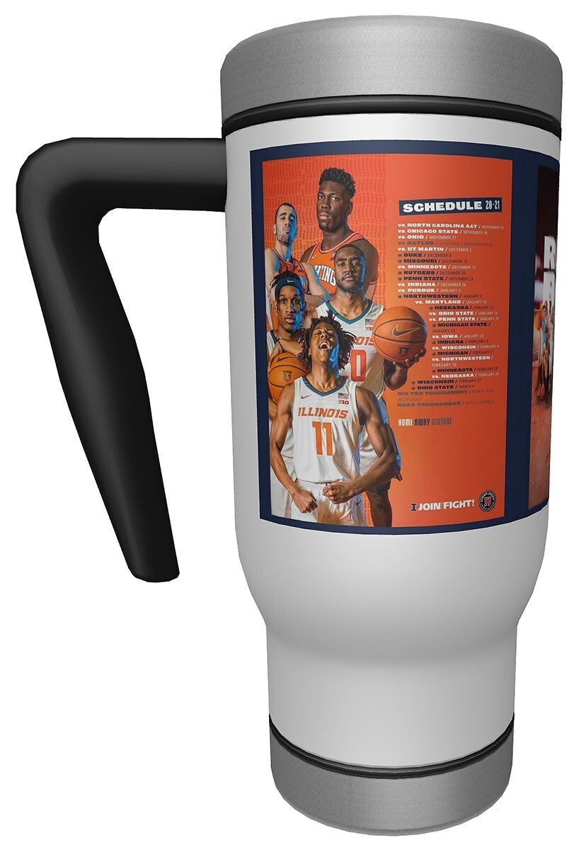 Item.X.43.​17-Ounce Travel Mug with handle featuring "2020-2022 Illini Basketball Teams"
