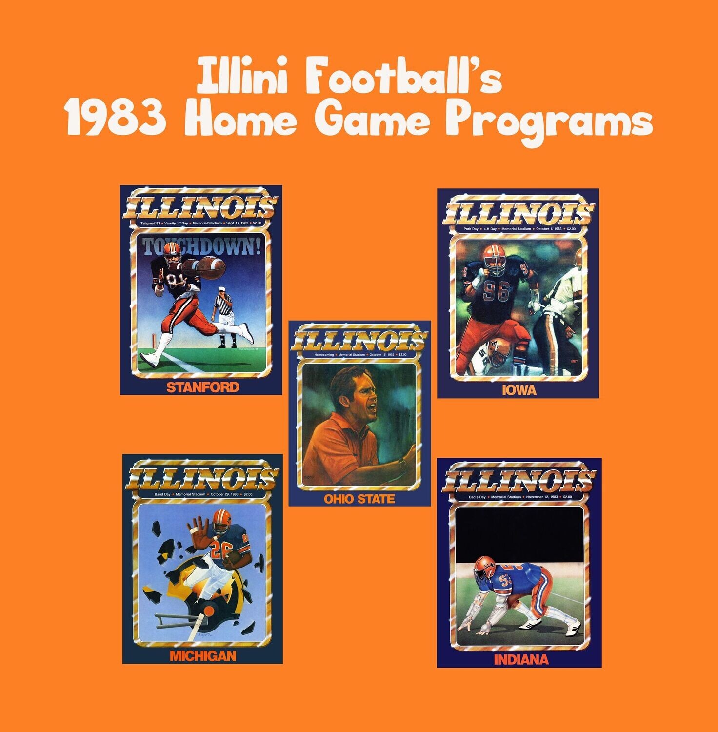 Item.C.397.​FIVE 1983 Illinois Home Football Program Cover REPRINTS (11" x 14")