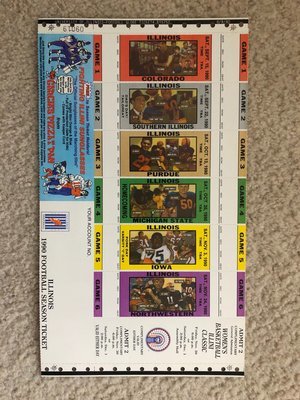 Item.D.17.1990 strip of Centennial Season Illinois Football Tickets (6 full tickets)
