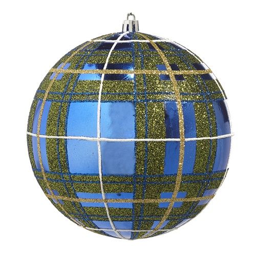 6&quot; BLUE PLAID GLITTER BALL ORNAMENT