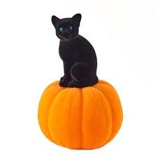 FLOCKED BLACK CAT  ON ORANGE PUMPKIN