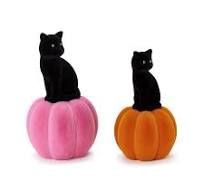 FLOCKED BLACK CAT ON PINK PUMPKIN