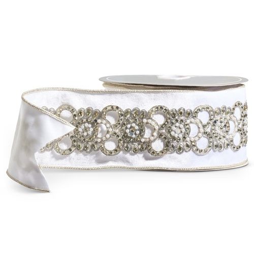 10 YARDS IVORY VELEVET RIBBON W PEARL EMBELISHMENTS