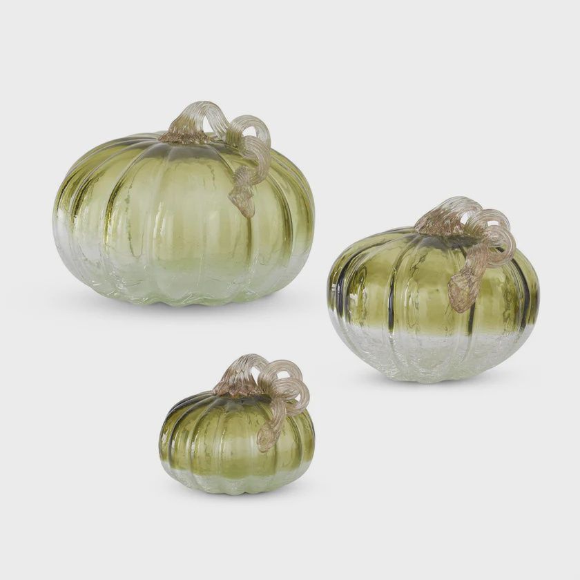 GREEN &amp; CLEAR CRACKLED HANDBLOWN GLASS PUMPKIN SMALL