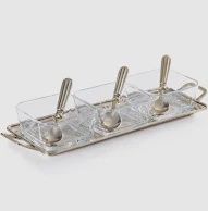 ROUSSILLON CONDIMENT 3 GLASS BOWLS/TRAY/SPOONS