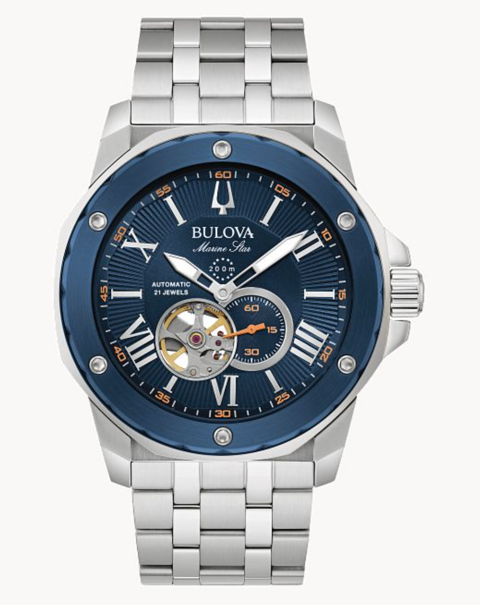 Reloj BULOVA 
Marine Star Series A
Reloj de 45 mm. Cristal mineral plano, movimiento automático de latido abierto presenta 21 joyas, resistencia al agua 200 m.
98A302