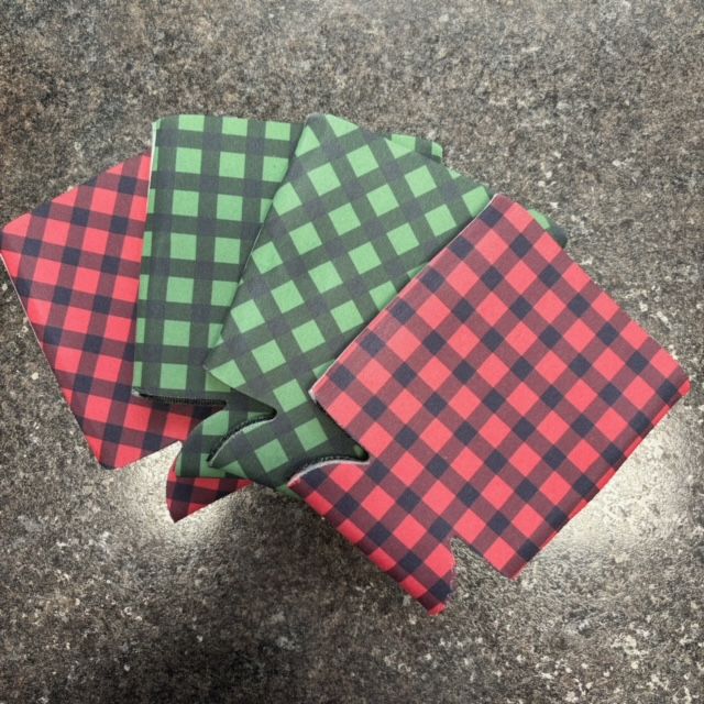 Red and Green Plaid Can Cooler Set
