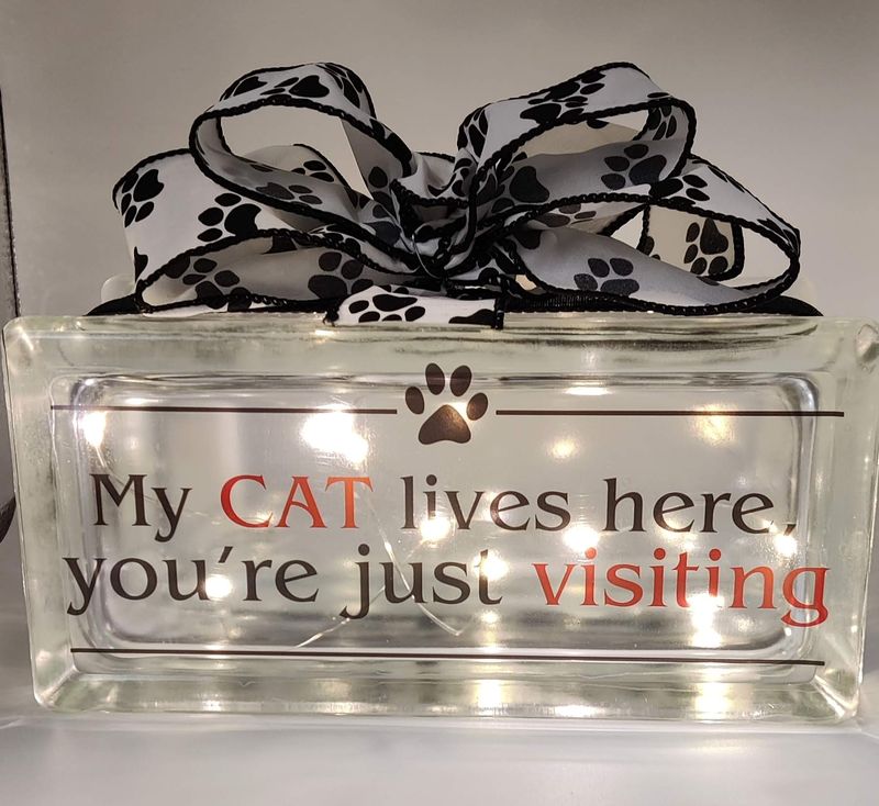 My Cat Lives Here Glass Block