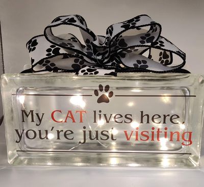 My Cat Lives Here Glass Block