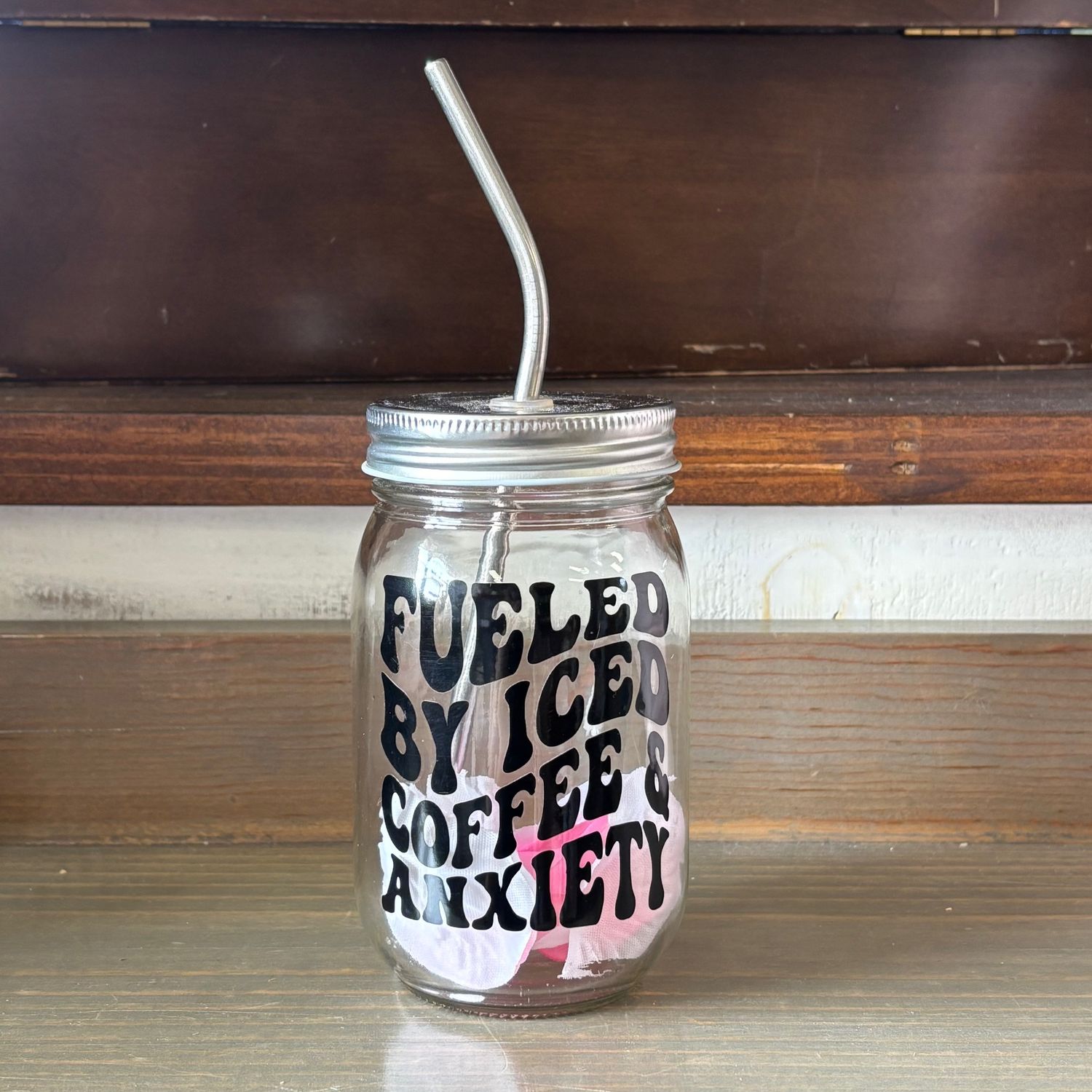 Fueled by Iced Coffee Jar Cup with Straw