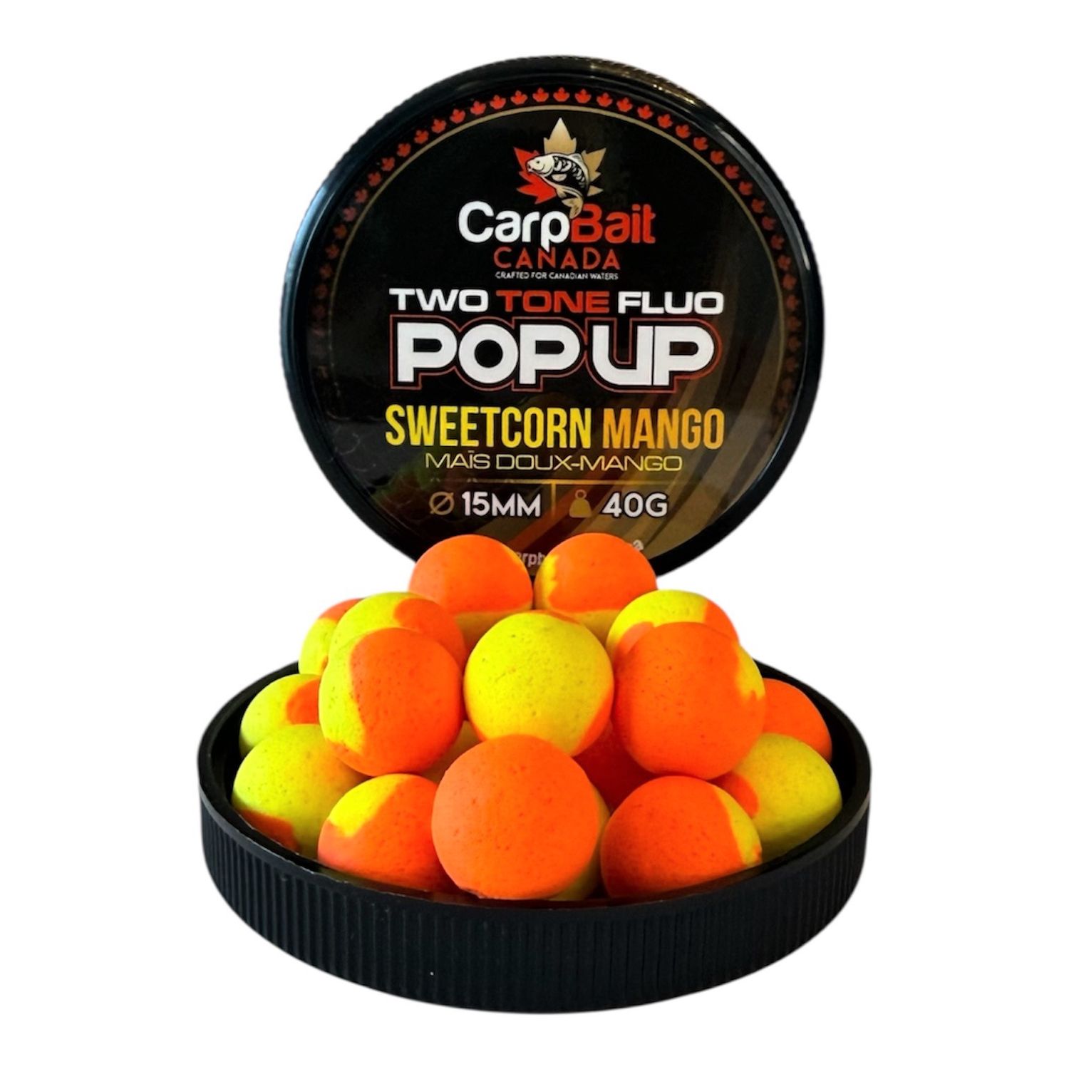 Two Tone FLUO Pop-Up, Flavour: Sweet Corn-Mango 15mm-40g Yellow-Orange * CBC1002