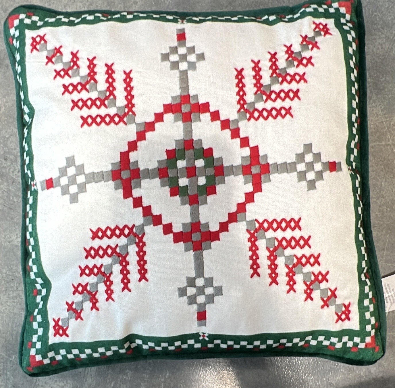 Green, white, red and grey Christmas cushion