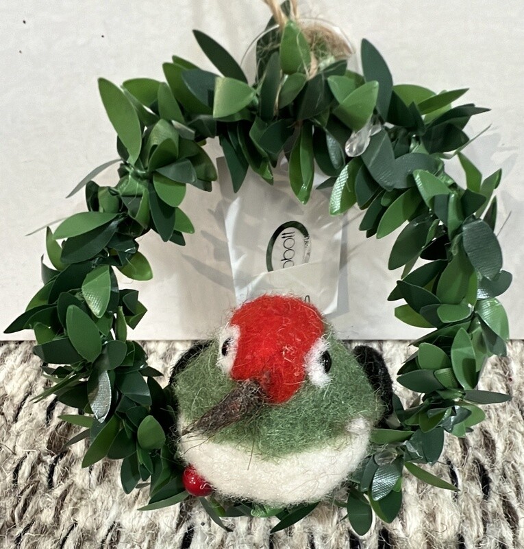 Green/Red Bird on Wreath Orn.