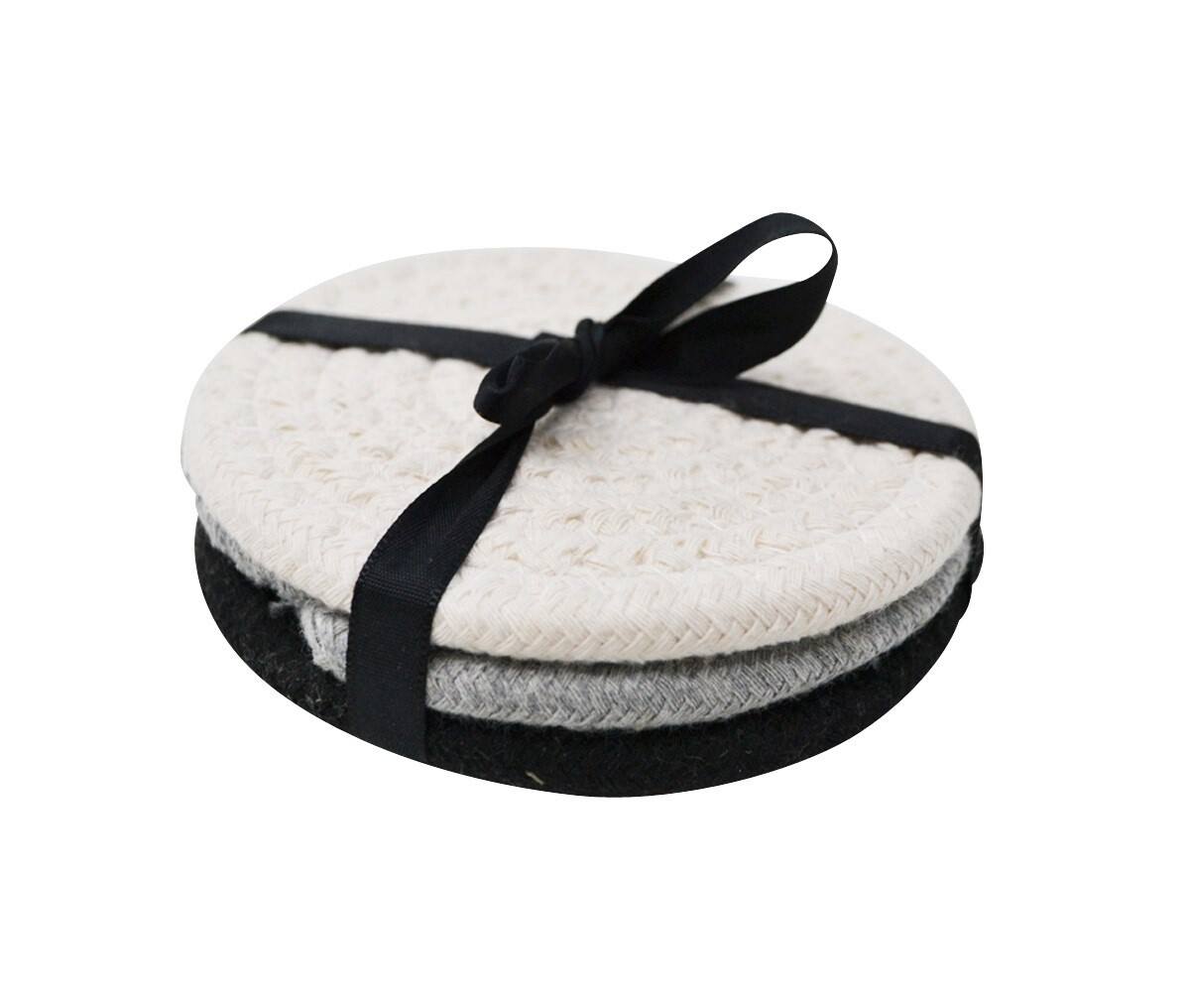 Set of 3 Felt/Cotton Coasters - Black, Grey, White