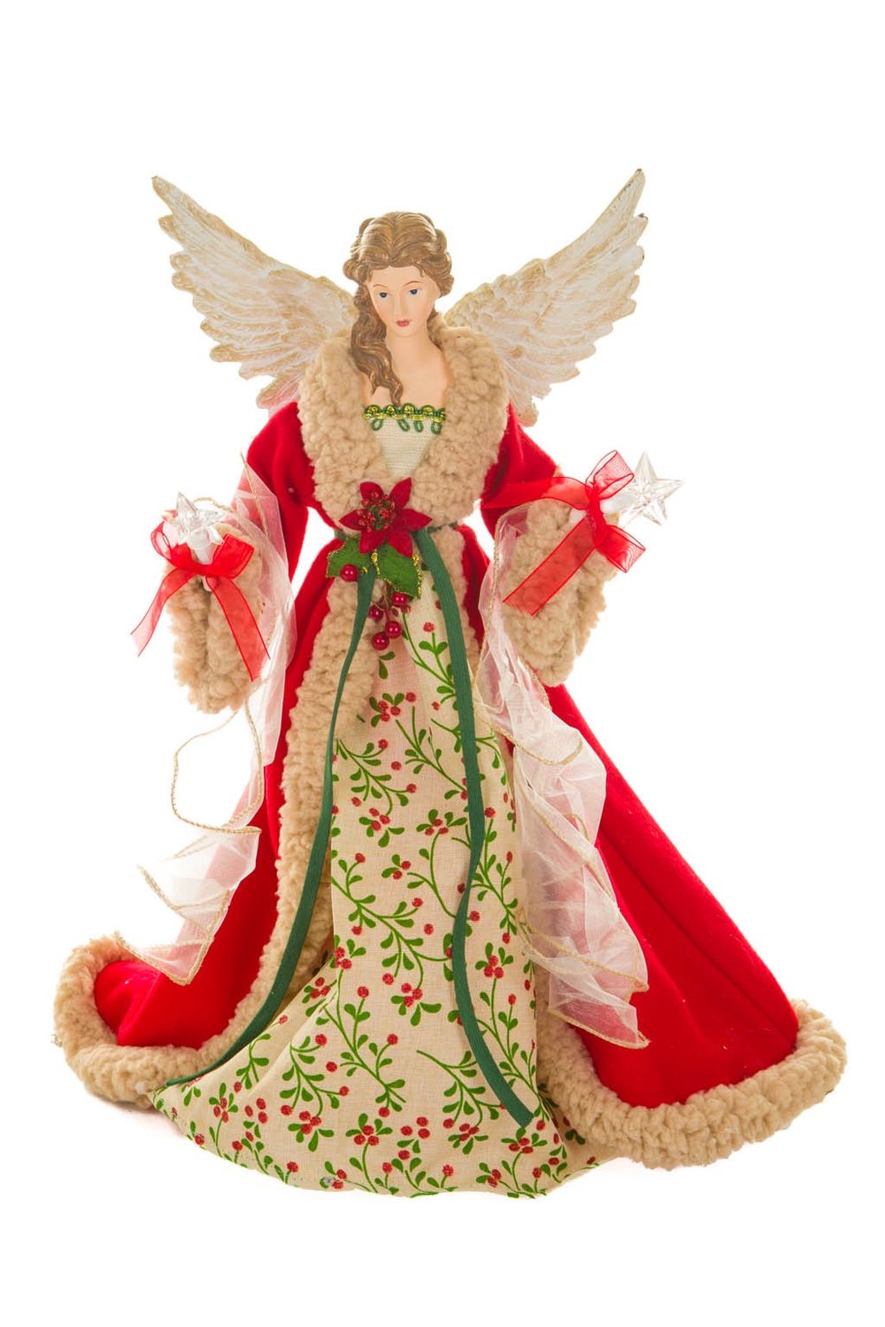 Large Red and Beige Chic Warm White LED Angel Tree Topper w/Glowing Stars