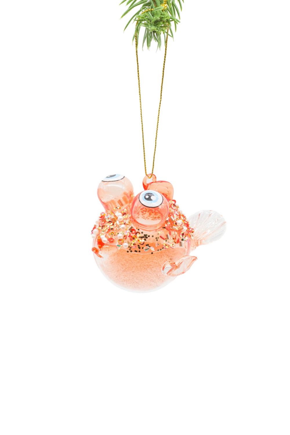 Orange/Clear Glass Hanging Friendly Blowfish Ornament w/Sandy Filling