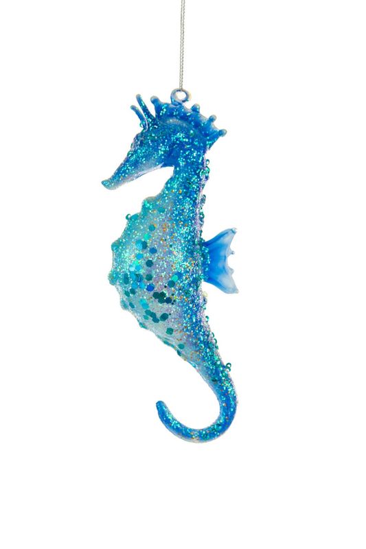 Whimsical Hanging Blue Sequin Glass Sea Horse Ornament