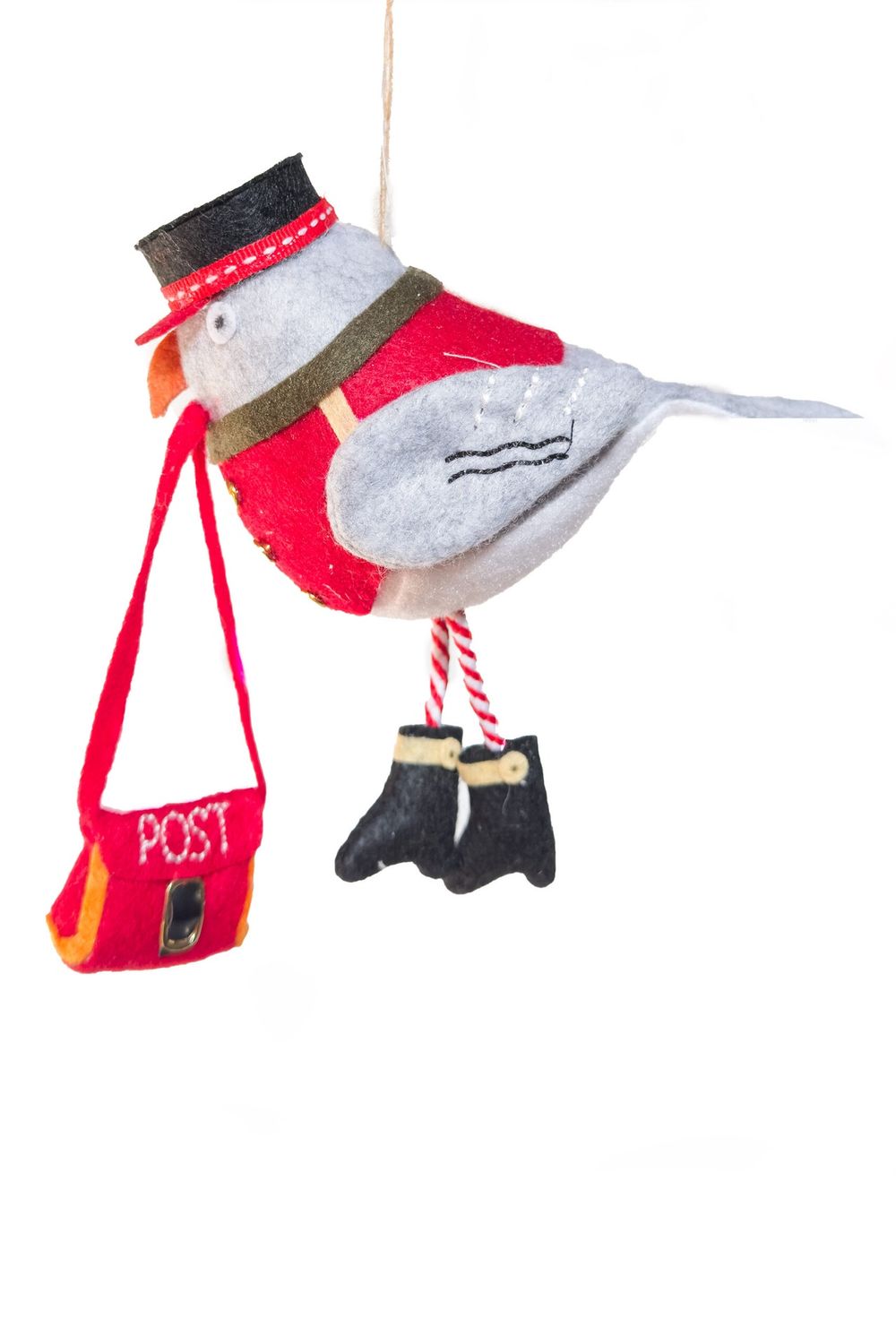Hanging Gray and Red Postman Pigeon Ornament w/Mailbag