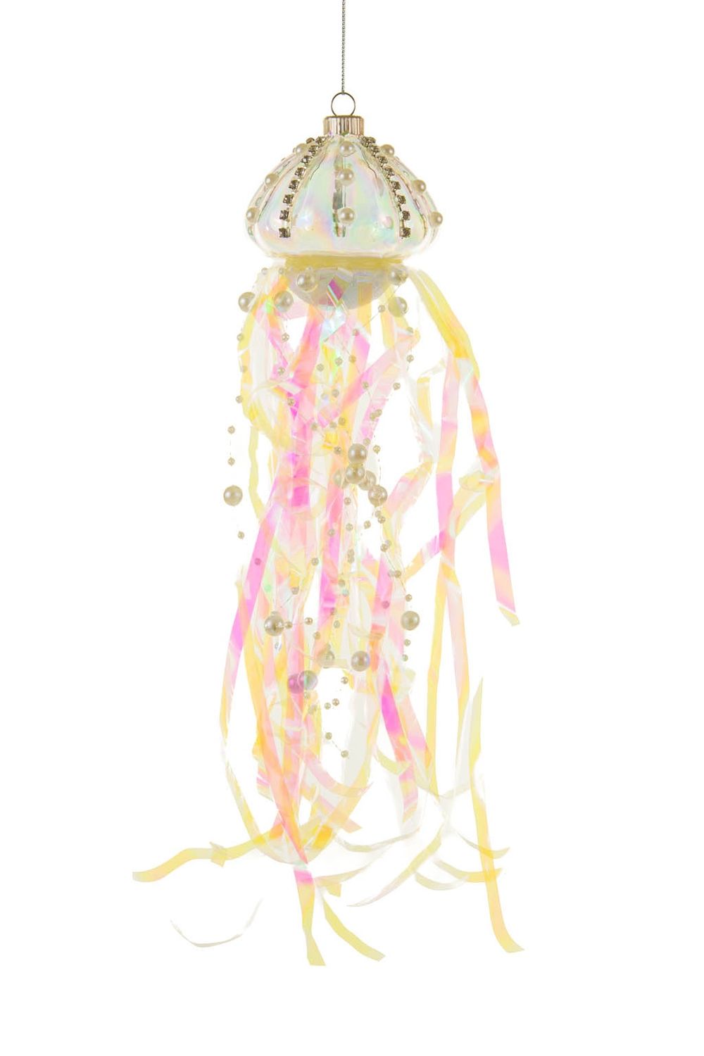 Extravagant Hanging Clear Iridescent Glass Jellyfish Ornament w/Pearly Tenticles