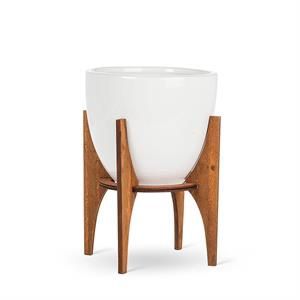 Large Pot w/Wooden Stand - White