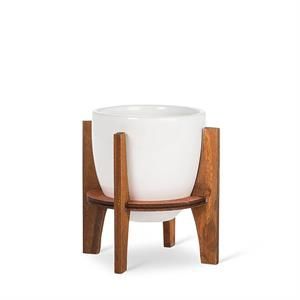 Small Pot w/Wooden Stand - White