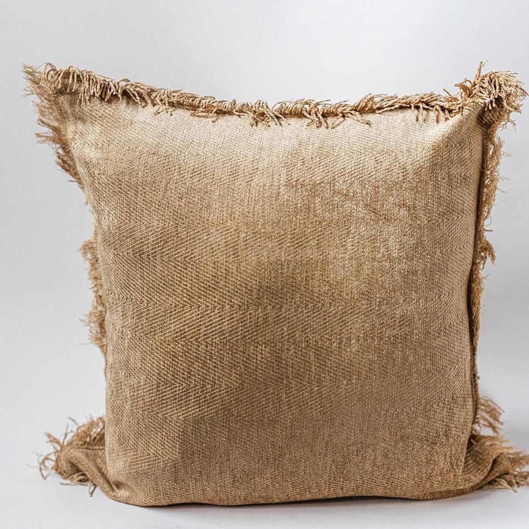 Beige Cotton Cushion Cover w/Frayed Edges