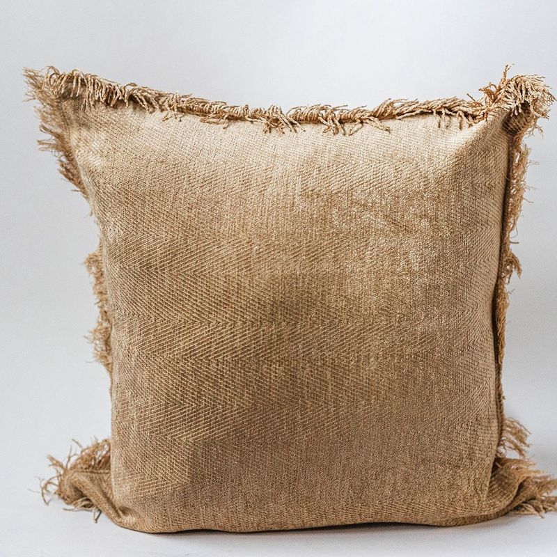 Beige Cotton Cushion Cover w/Frayed Edges