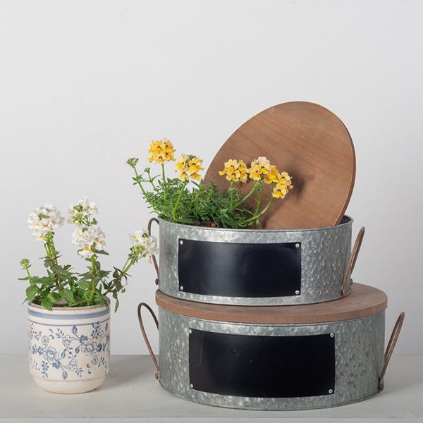 Zinc Containers w/Wooden Lids