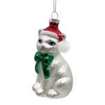 Glass Cat w/Santa Hat Glitter Ornament